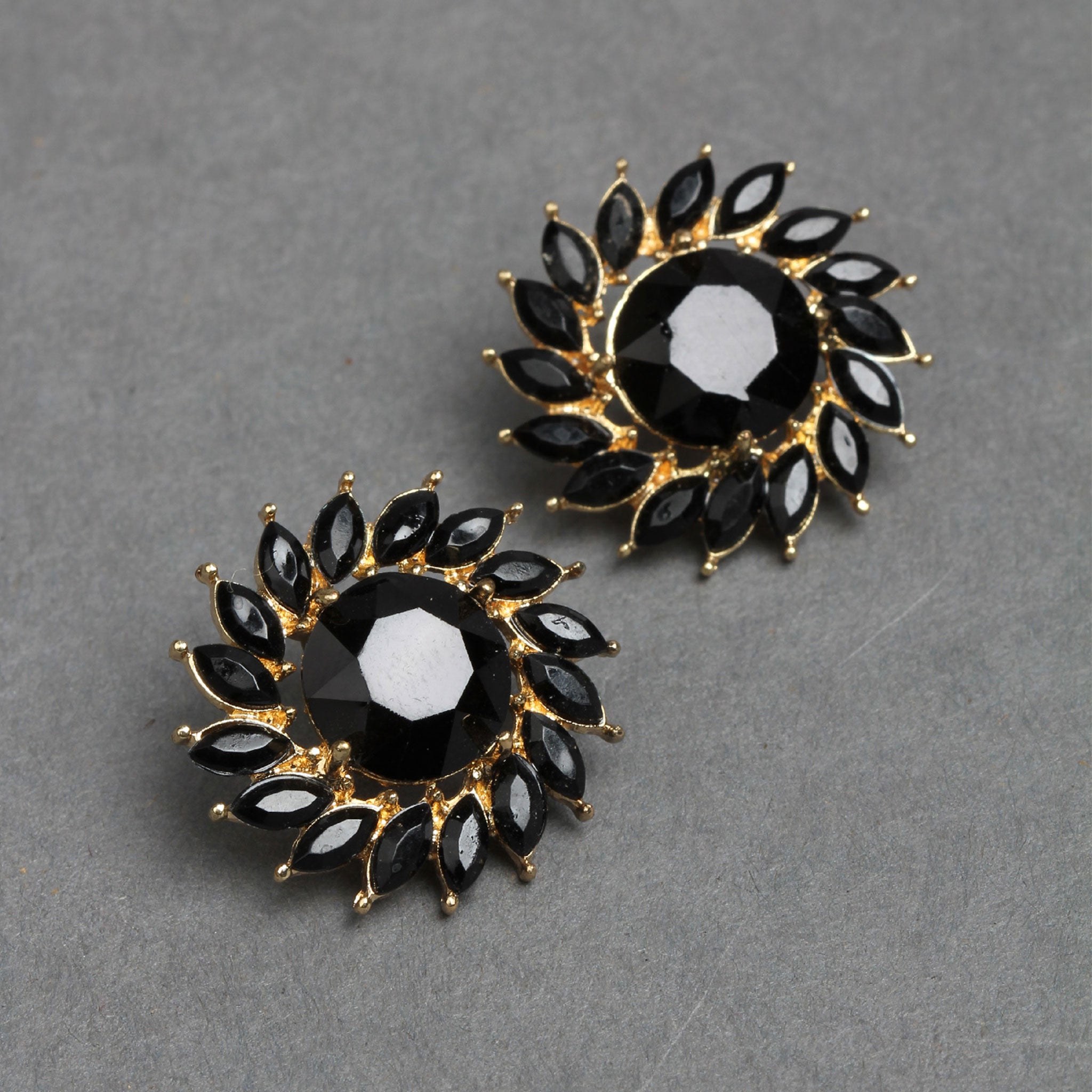 EXOTIC FLORAL STUDS WITH BLACK STONE - Navrathan