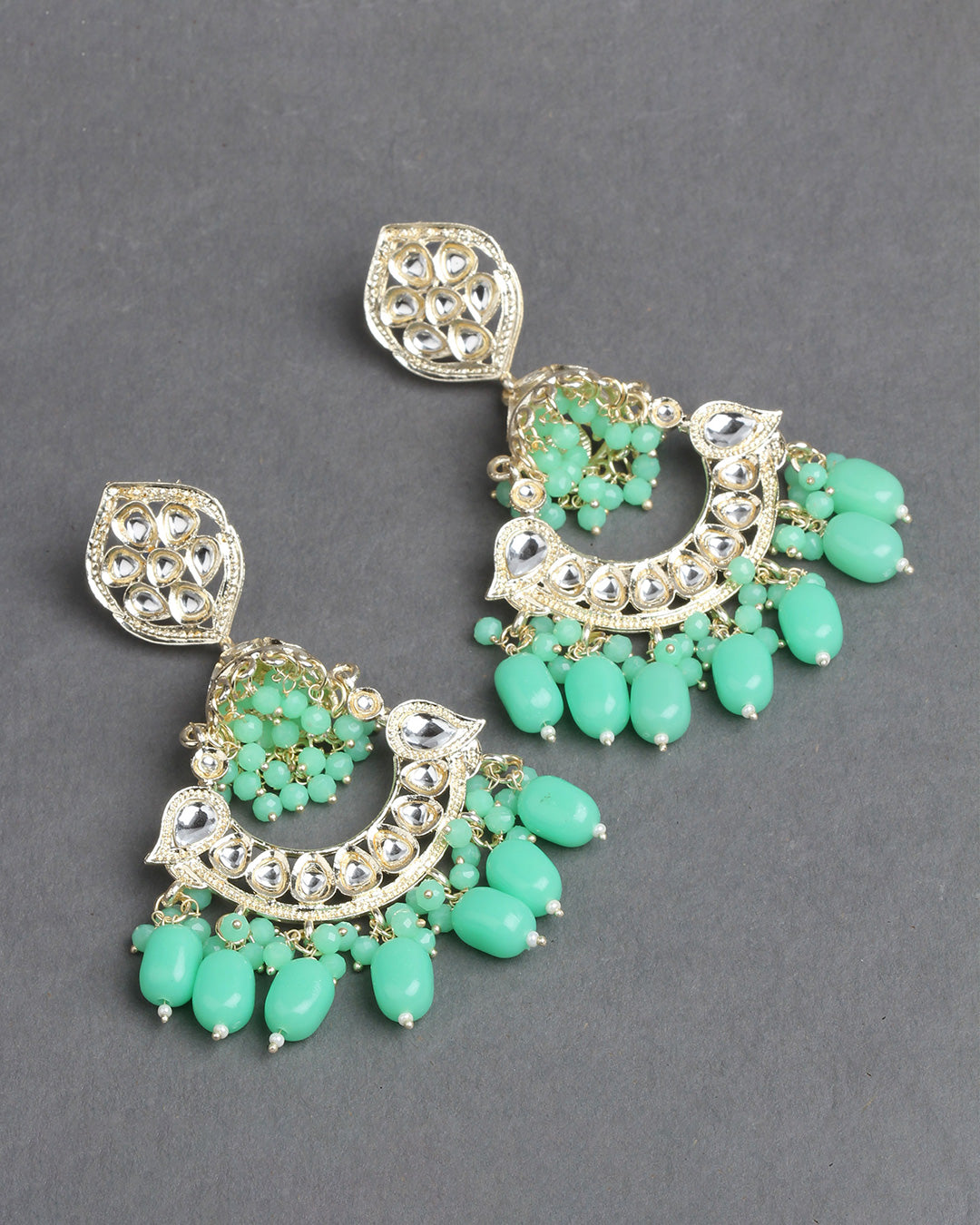 Bindhani Cyan Green Beads Kundan Stone Big Long Fancy Kano Ke Jhumke Jhumka Earrings SHEARR01345CG 5