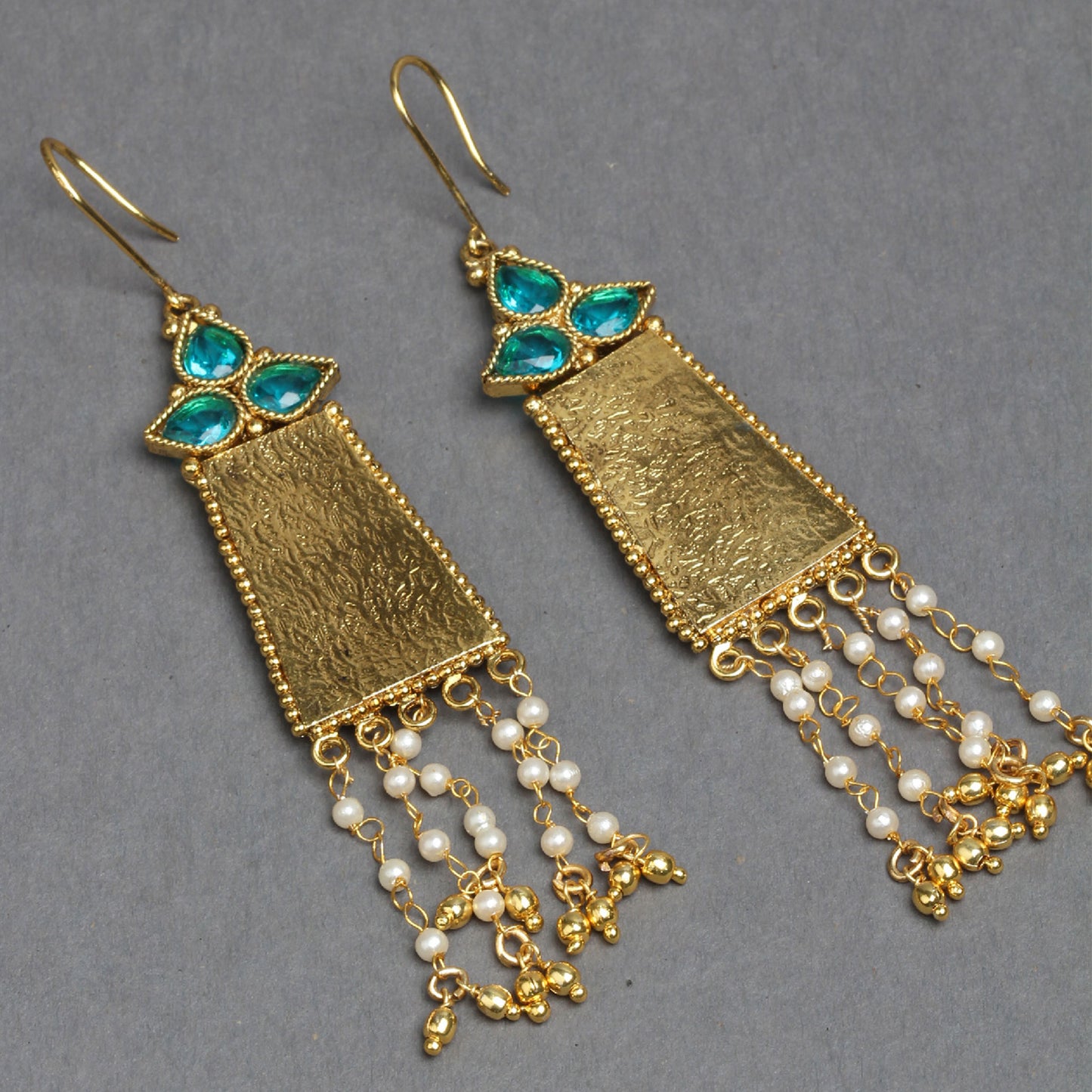 Bindhani gold plated gold white pearl and turquoise stone dangle earrings secured with Fish Hook Earwire for women and girls