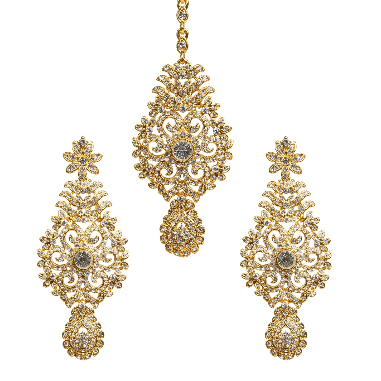 Traditional Bindhani-style gold-toned earrings and tikka set with intricate floral filigree design, embellished with sparkling white stones and circular center accents.