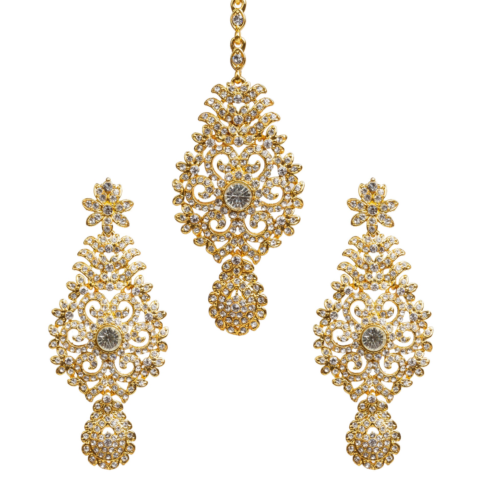 Traditional Bindhani-style gold-toned earrings and tikka set with intricate floral filigree design, embellished with sparkling white stones and circular center accents.