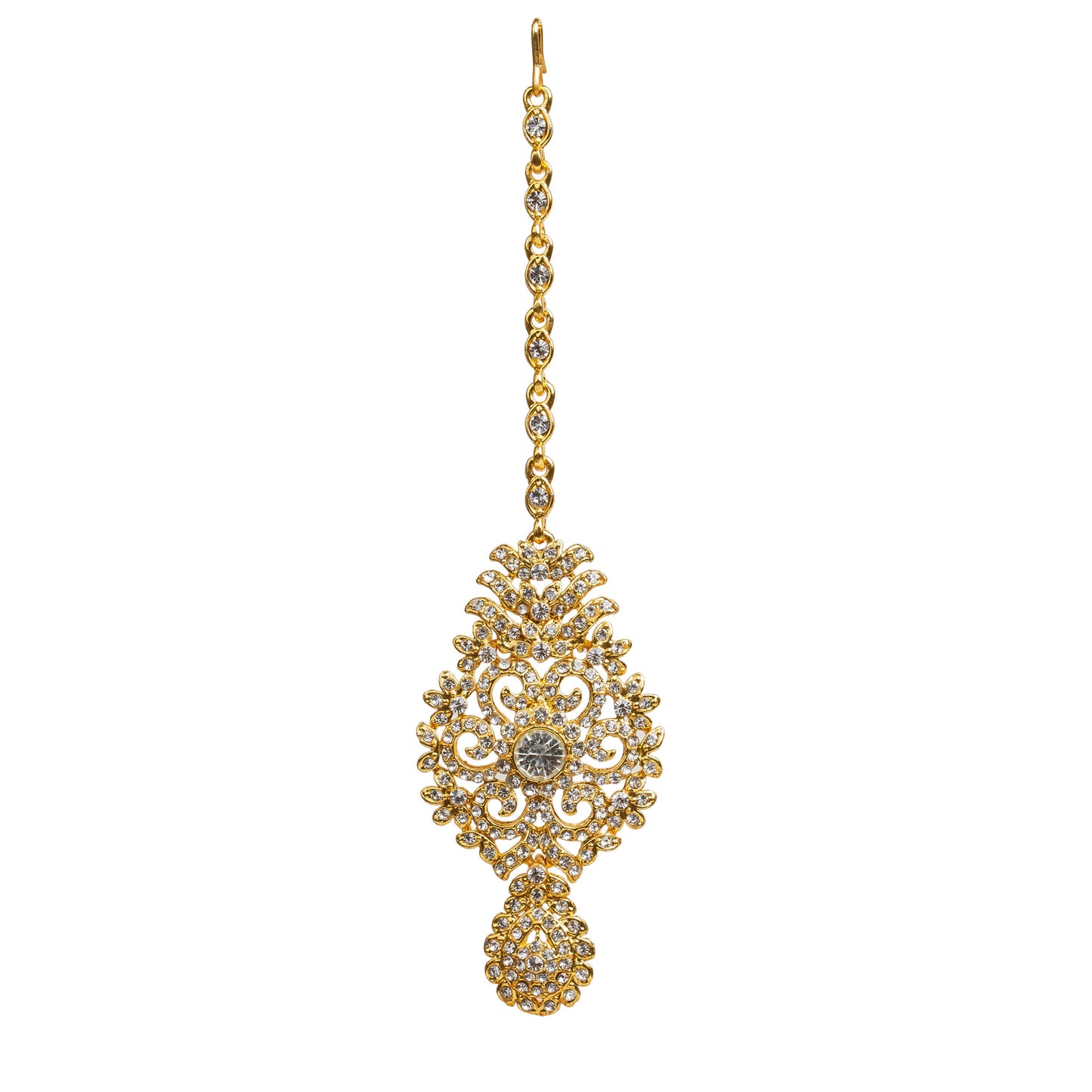Bindhani Traditional gold-toned tikka with chain and S-hook closure, featuring intricate filigree detailing and sparkling white stone embellishments in an elegant ethnic design