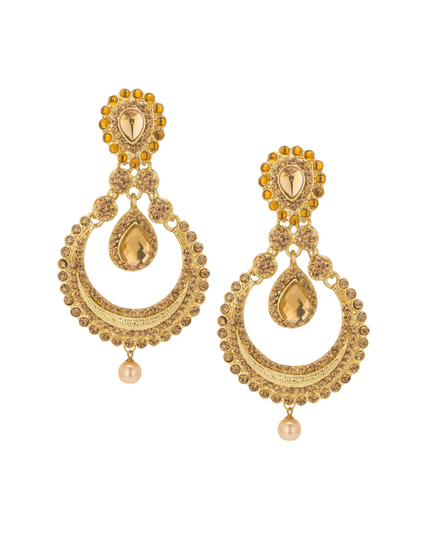 Bindhani gold-plated statement earrings featuring antique gold-toned detailing with champagne-colored stones and pearl drop accents. Each earring showcases an oval stone-studded top, intricate circular openwork design, a teardrop-shaped center stone, and a single pearl hanging drop at the bottom. Front view displayed on a white background.