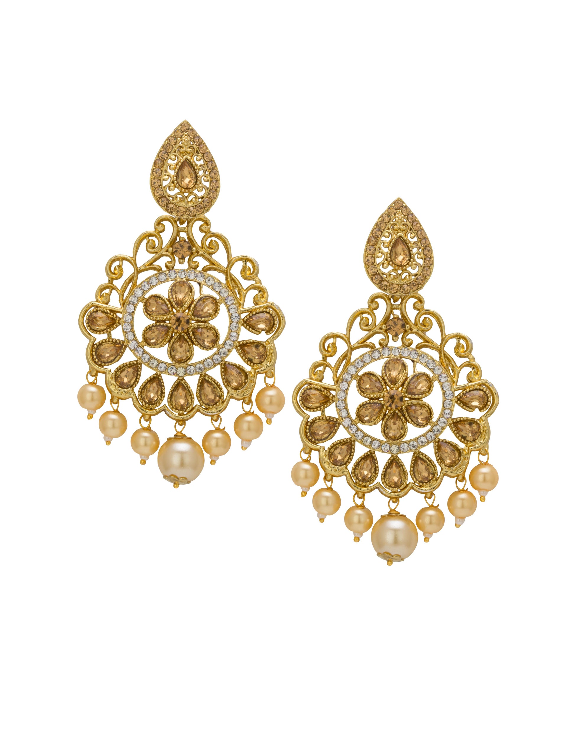 Bindhani gold-plated statement earrings featuring antique gold-toned detailing with clear stones and white pearl drop accents. Each earring showcases a floral center motif, intricate openwork filigree design, teardrop-shaped stone detailing, and multiple pearl hanging drops with a larger center pearl. Front view displayed on a white background.