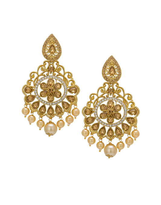 Bindhani gold-plated statement earrings featuring antique gold-toned detailing with clear stones and white pearl drop accents. Each earring showcases a floral center motif, intricate openwork filigree design, teardrop-shaped stone detailing, and multiple pearl hanging drops with a larger center pearl. Front view displayed on a white background.