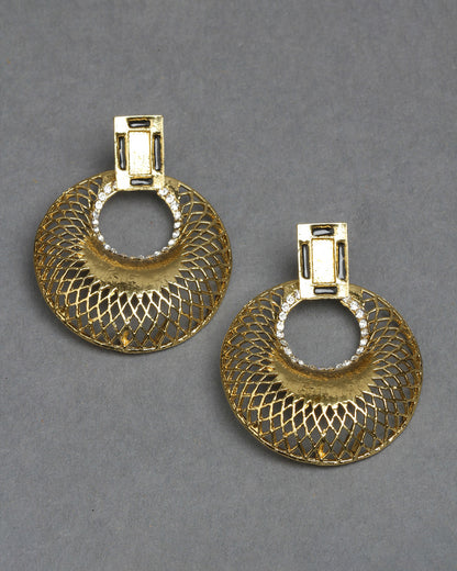Bindhani gold-plated geometric earrings featuring a rectangular textured stud top with a circular open hoop design. The large round hoops showcase intricate lattice-style cutwork with a polished gold finish and small white stone detailing around the inner ring. Modern statement earrings displayed as a pair on a dark grey background.