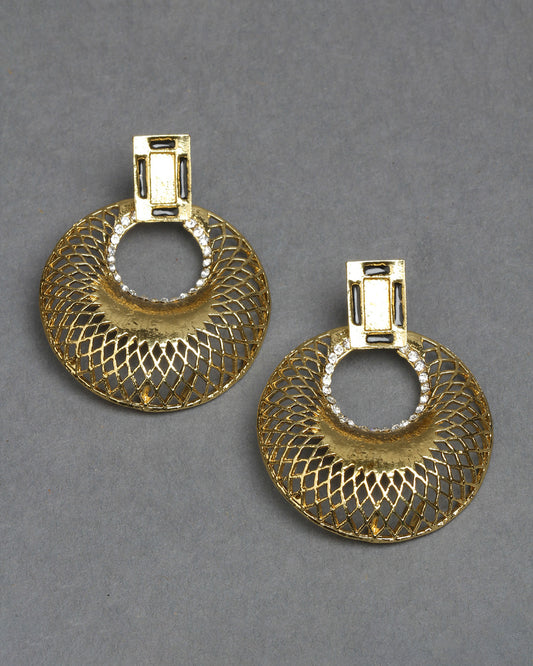 Bindhani gold-plated geometric earrings featuring a rectangular textured stud top with a circular open hoop design. The large round hoops showcase intricate lattice-style cutwork with a polished gold finish and small white stone detailing around the inner ring. Modern statement earrings displayed as a pair on a dark grey background.