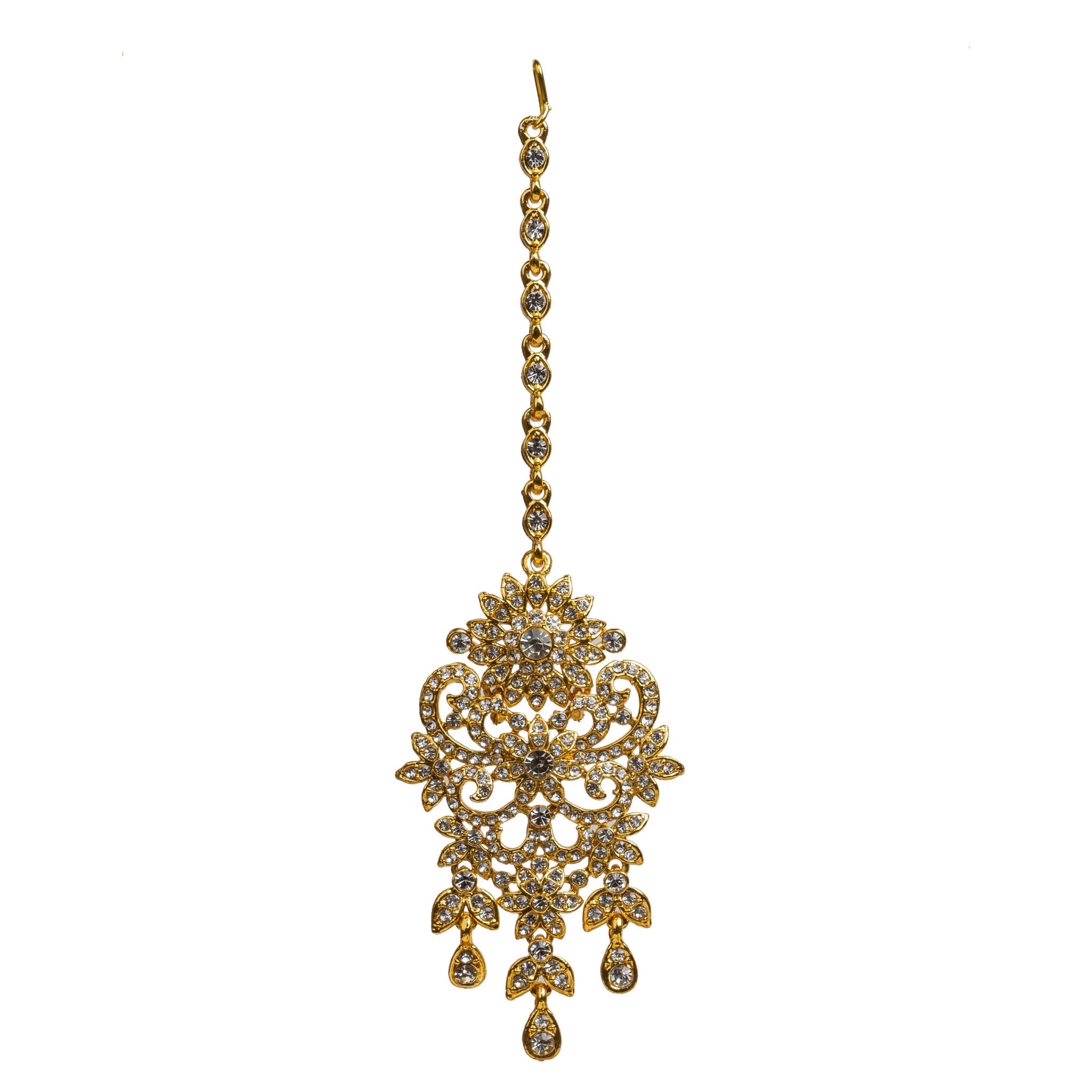Bindhani gold-plated maang tikka featuring clear stones with sparkling crystal accents. The tikka showcases an intricate floral and scrollwork design with detailed openwork filigree, a central stone motif, and three dangling teardrop-shaped clear stone drops. Front view displayed on a white background.