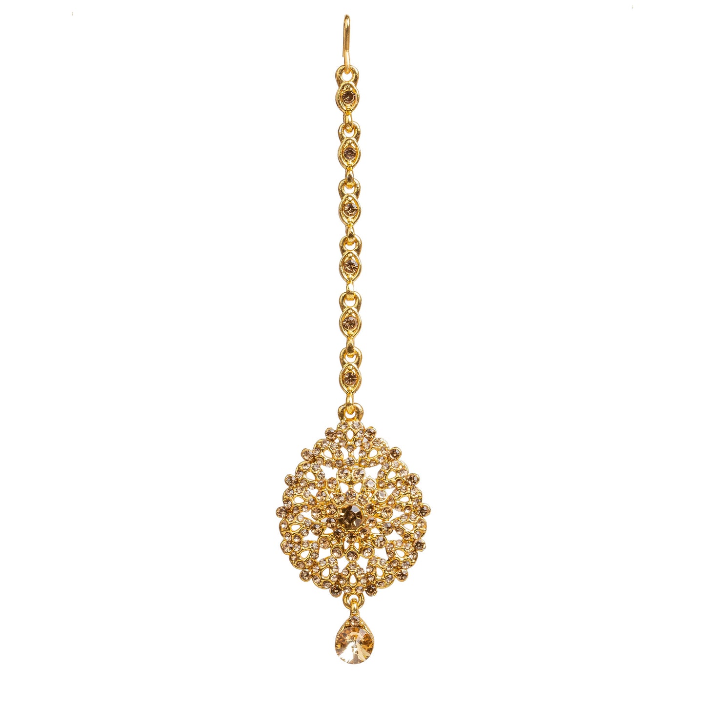 Bindhani gold-plated maang tikka featuring champagne-colored LCT stones with sparkling crystal accents. The tikka showcases an intricate round floral design with detailed openwork filigree, a central champagne LCT stone, and one dangling teardrop-shaped LCT stone. Front view displayed on a white background