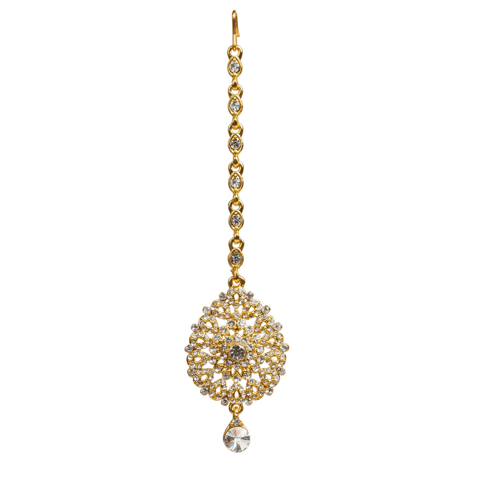 Bindhani gold-plated maang tikka featuring clear stones with sparkling crystal accents. The tikka showcases a round floral design with intricate openwork filigree detailing, a central clear stone, and one dangling teardrop-shaped clear stone. Front view displayed on a white background.