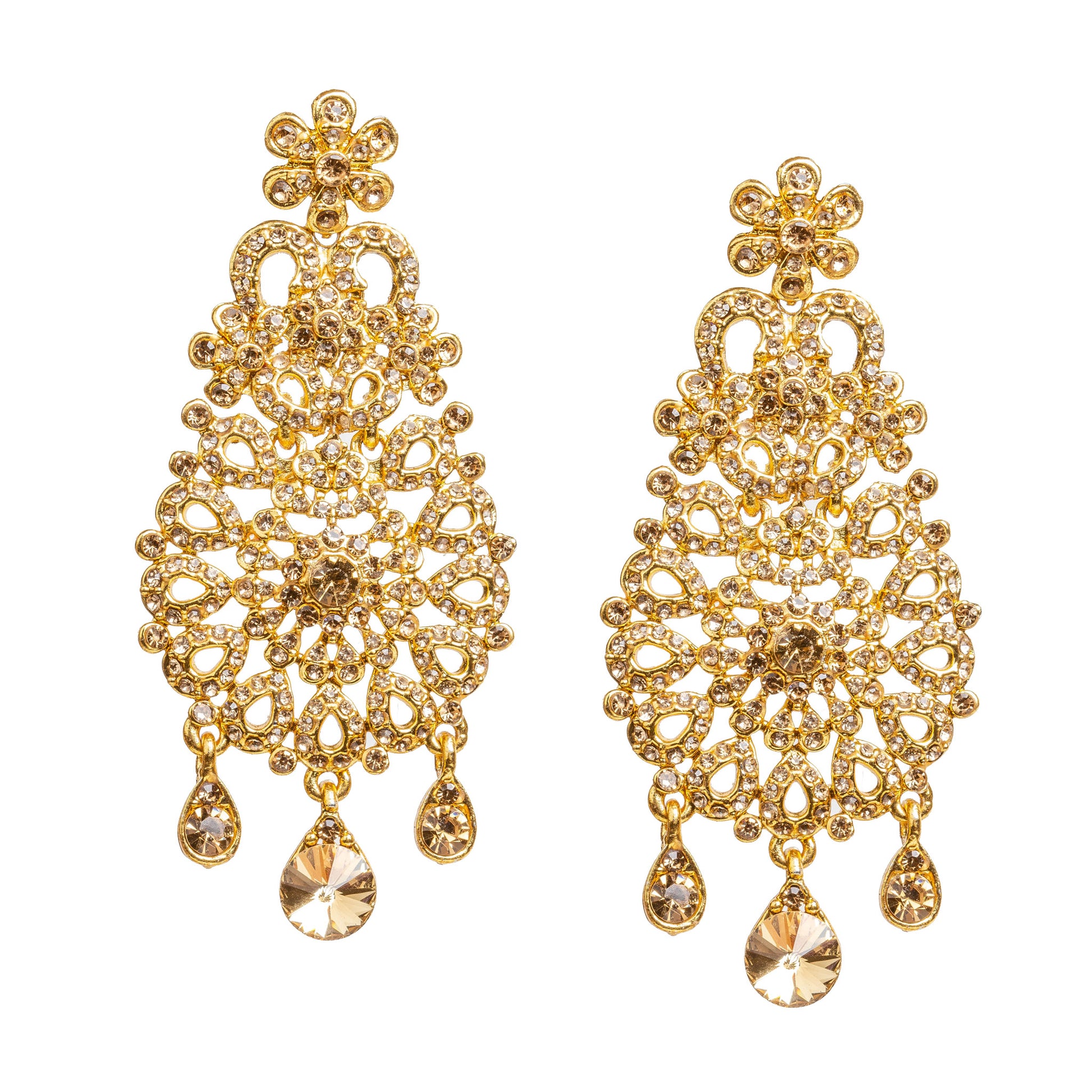 Bindhani gold-plated statement earrings featuring champagne-colored LCT stones with sparkling crystal accents. Each earring showcases a floral stud, intricate openwork filigree design with a central floral motif, and three dangling teardrop-shaped LCT stones including a larger center teardrop stone. Front view displayed on a white background.