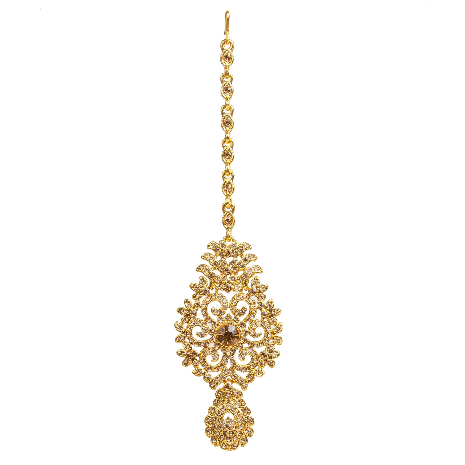 Bindhani gold-plated maang tikka featuring champagne-colored LCT stones with sparkling crystal accents. The tikka showcases an intricate floral and leaf-inspired design with detailed scrollwork, a central round LCT stone, and an elegant teardrop-shaped LCT stone-studded bottom drop. Front view displayed on a white background.
