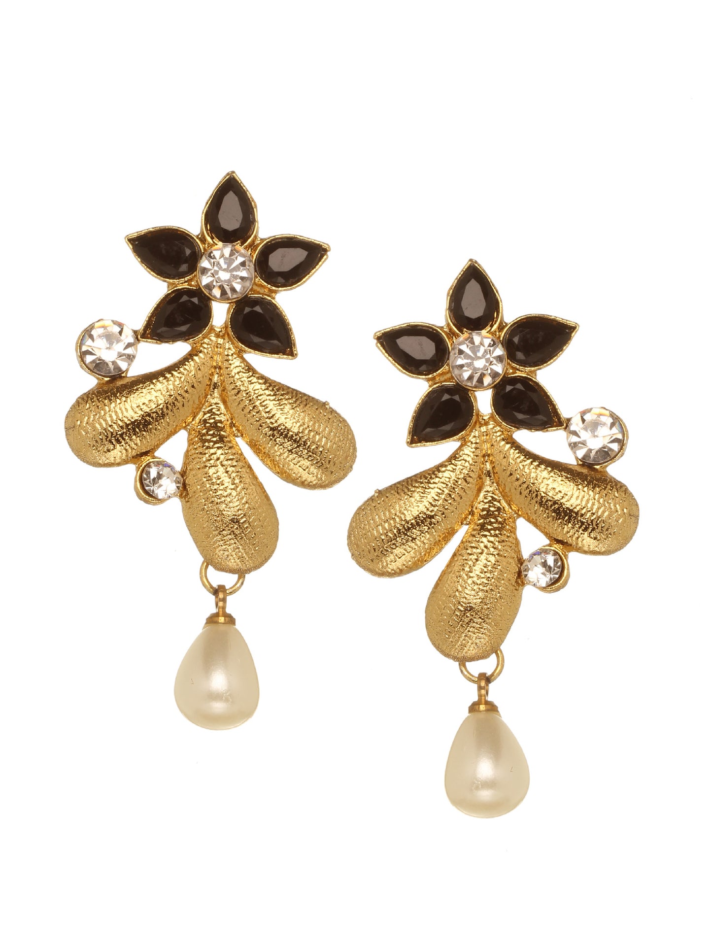 Bindhani gold-plated floral stud earrings featuring black marquise-shaped stones, clear round crystal accents, and textured leaf-shaped gold-toned petals. Each earring is finished with a single cream pearl drop, creating a traditional yet elegant design. Front view displayed on a white background.