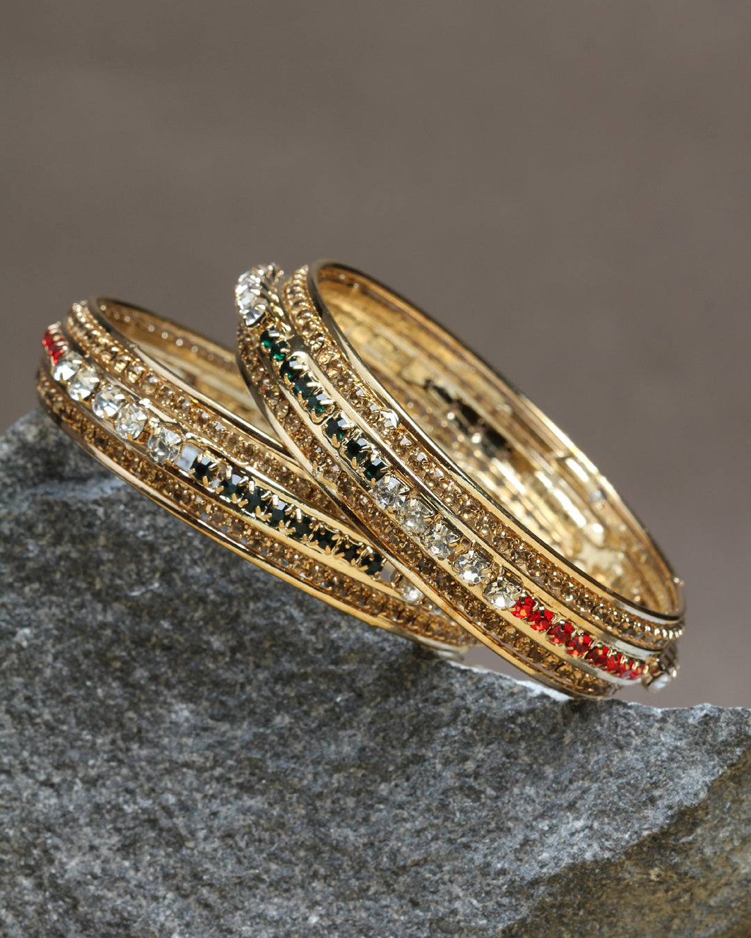 Bindhani gold plated red green white stone bangles