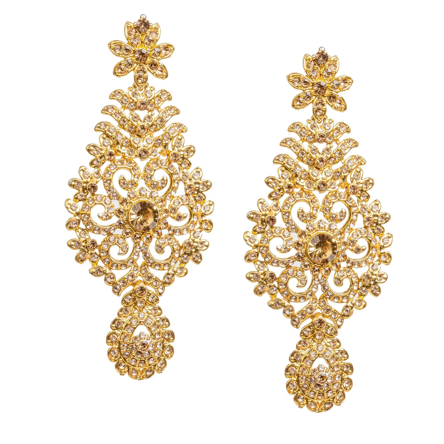 Bindhani gold-plated statement earrings featuring champagne-colored LCT stones with sparkling crystal accents. Each earring showcases a floral top, intricate leaf and scrollwork detailing, a central round LCT stone, and an elegant teardrop-shaped LCT stone-studded bottom drop. Front view displayed on a white background.