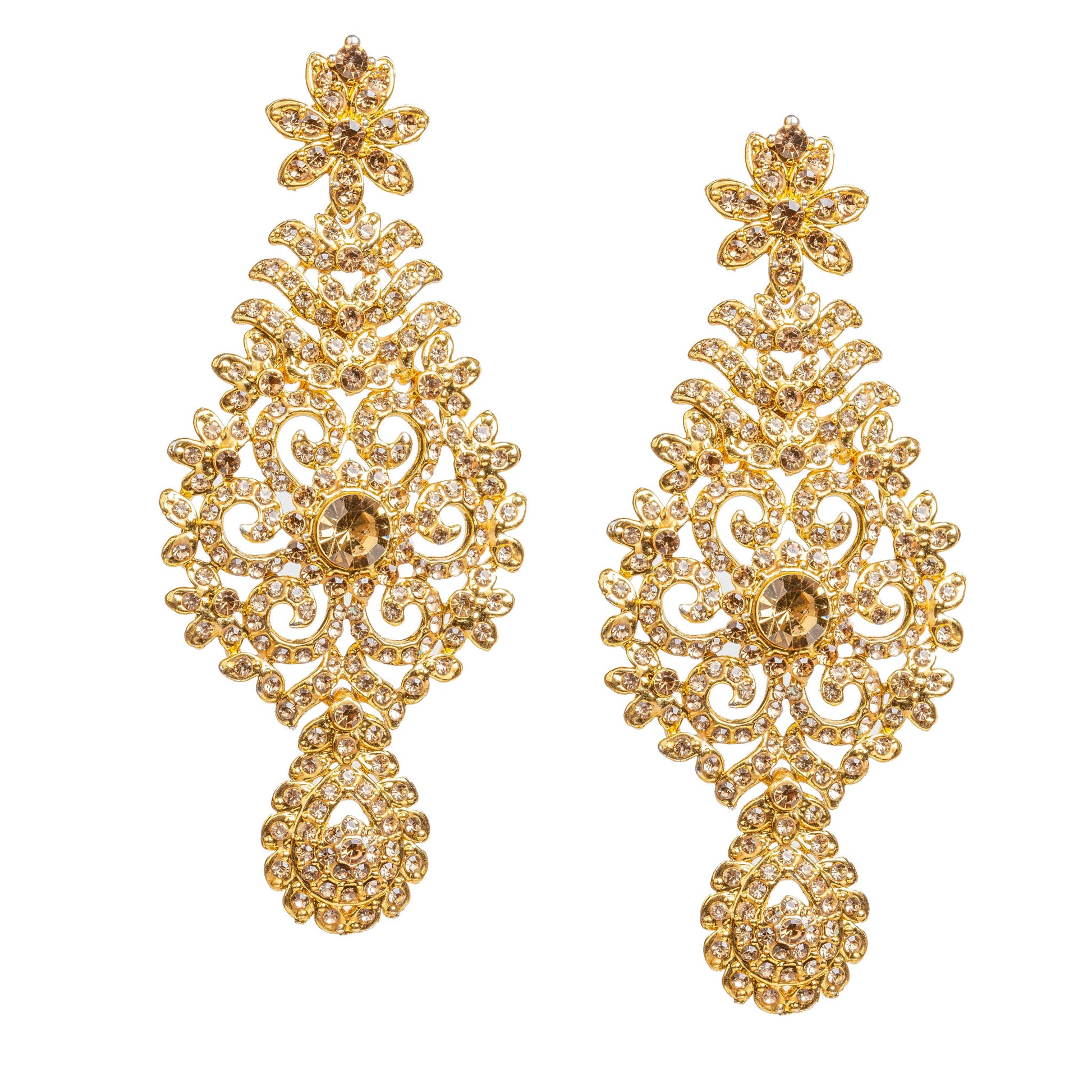 Bindhani gold-plated statement earrings featuring champagne-colored LCT stones with sparkling crystal accents. Each earring showcases a floral top, intricate leaf and scrollwork detailing, a central round LCT stone, and an elegant teardrop-shaped LCT stone-studded bottom drop. Front view displayed on a white background.