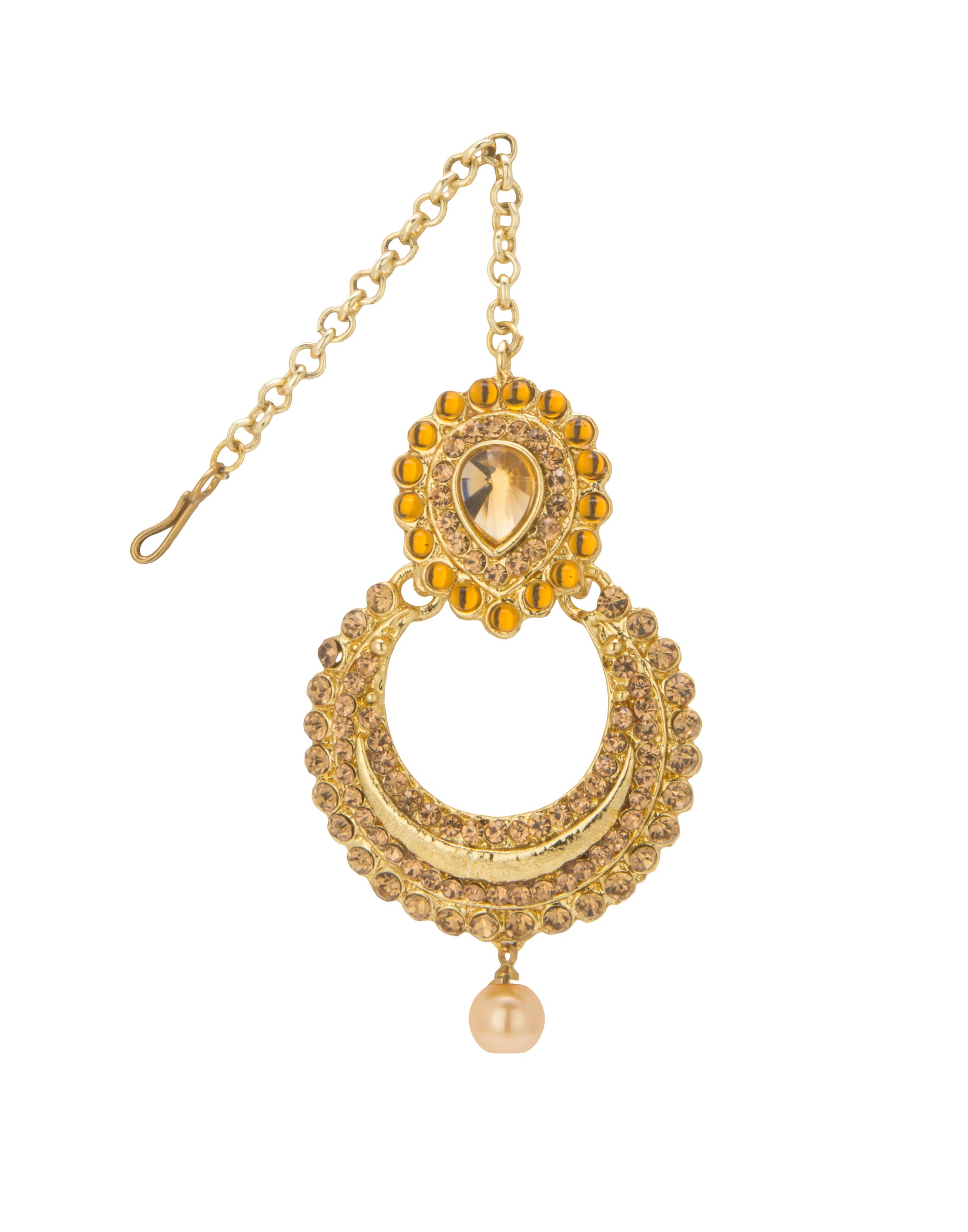 Bindhani gold-plated maang tikka featuring antique gold-toned detailing with champagne-colored stones and pearl drop accents. The tikka showcases an oval stone-studded top, intricate crescent-shaped openwork design, a teardrop-shaped center stone, and a single pearl hanging drop. Front view displayed on a white background.