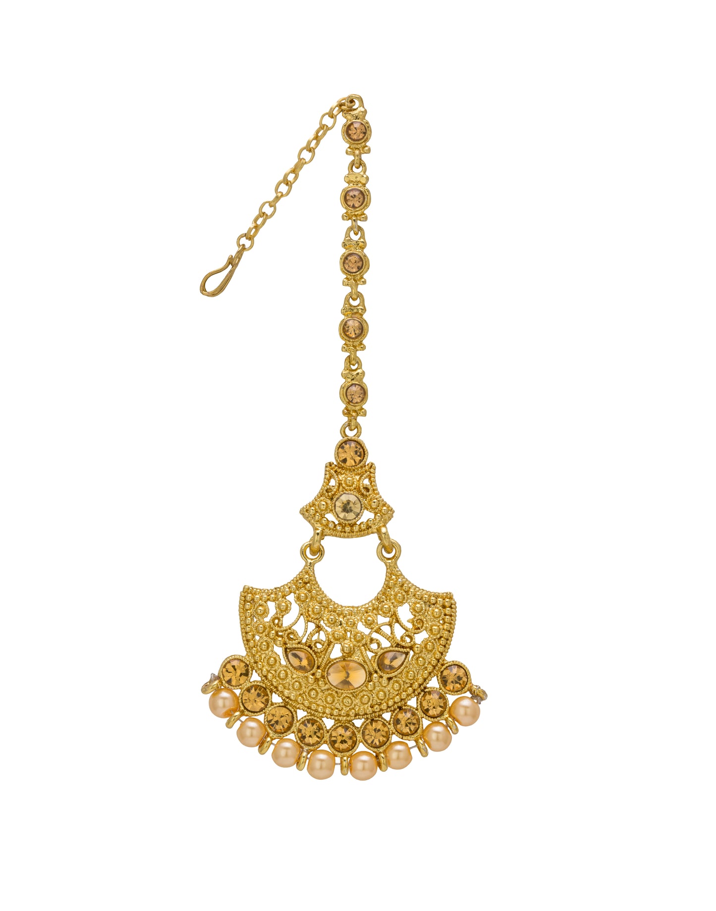 Bindhani gold-plated maang tikka featuring intricate filigree detailing with champagne-colored stones and pearl drop accents. The tikka showcases an open crescent-shaped design with ornate lattice work, marquise-shaped stone motifs, round champagne-colored stones, and multiple pearl hanging drops along the lower edge. Front view displayed on a white background.