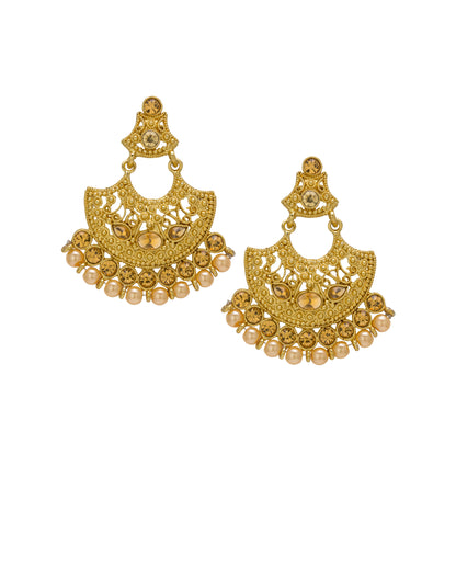 Bindhani gold-plated statement earrings featuring intricate filigree detailing with champagne-colored stones and pearl drop accents. Each earring showcases an open crescent-shaped design with ornate lattice work, marquise-shaped stone motifs, round champagne-colored stones, and multiple pearl hanging drops along the lower edge. Front view displayed on a white background.
