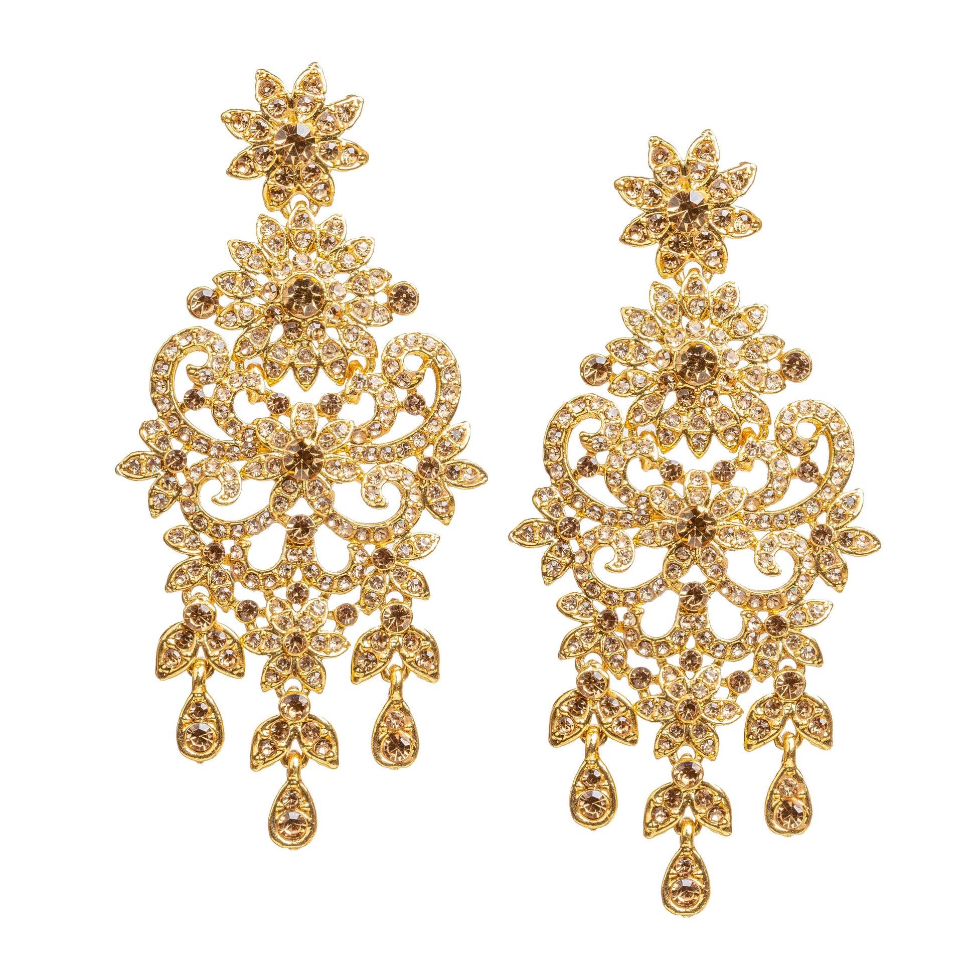 Bindhani gold-plated statement earrings featuring champagne-colored LCT stones with sparkling crystal accents. Each earring showcases a floral stud, intricate openwork filigree design with floral and scrollwork detailing, a central stone motif, and three dangling teardrop-shaped LCT stone drops. Front view displayed on a white background.
