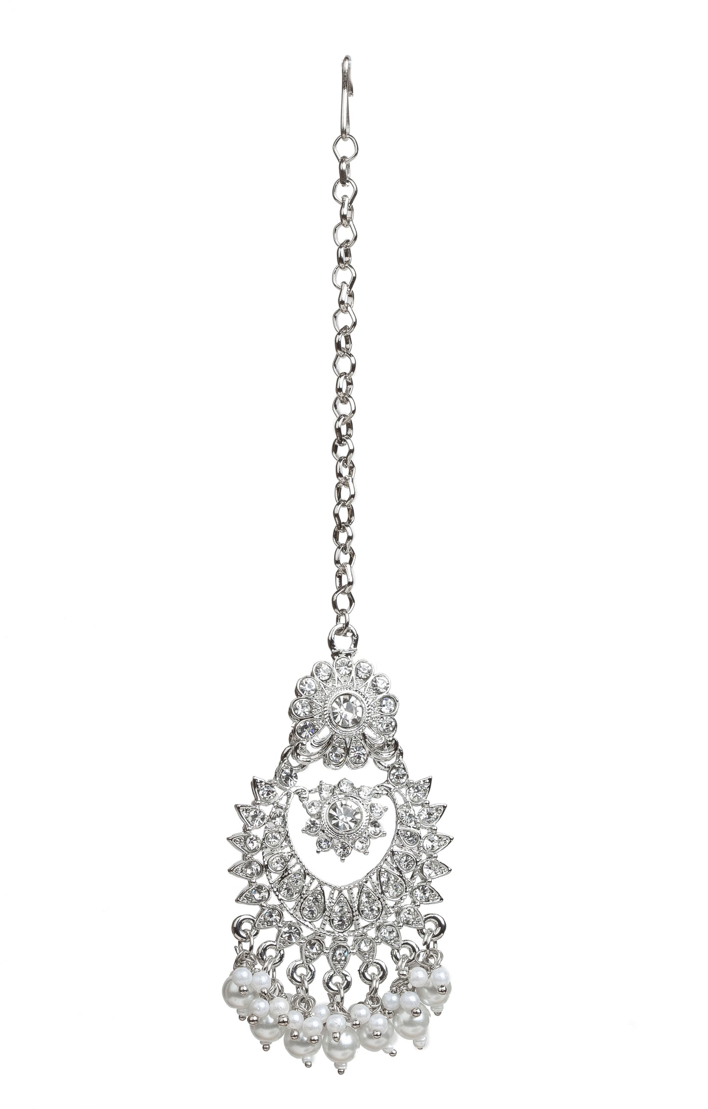 Bindhani silver-plated maang tikka featuring an intricate floral top with a crescent-shaped design adorned with clear stones. The tikka is finished with white pearl bead tassels and attached to a delicate silver-toned chain. Front view displayed on a white background