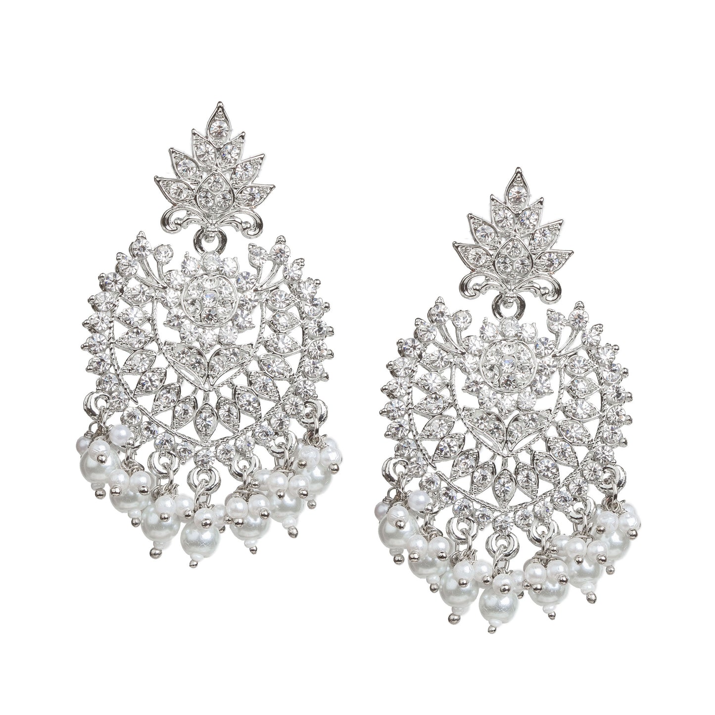 Bindhani silver-plated statement earrings featuring a leaf-shaped stud top with an intricate openwork floral and geometric design embellished with clear stones. The earrings are accented with a central round stone and finished with dangling white pearl bead clusters. Front view displayed on a white