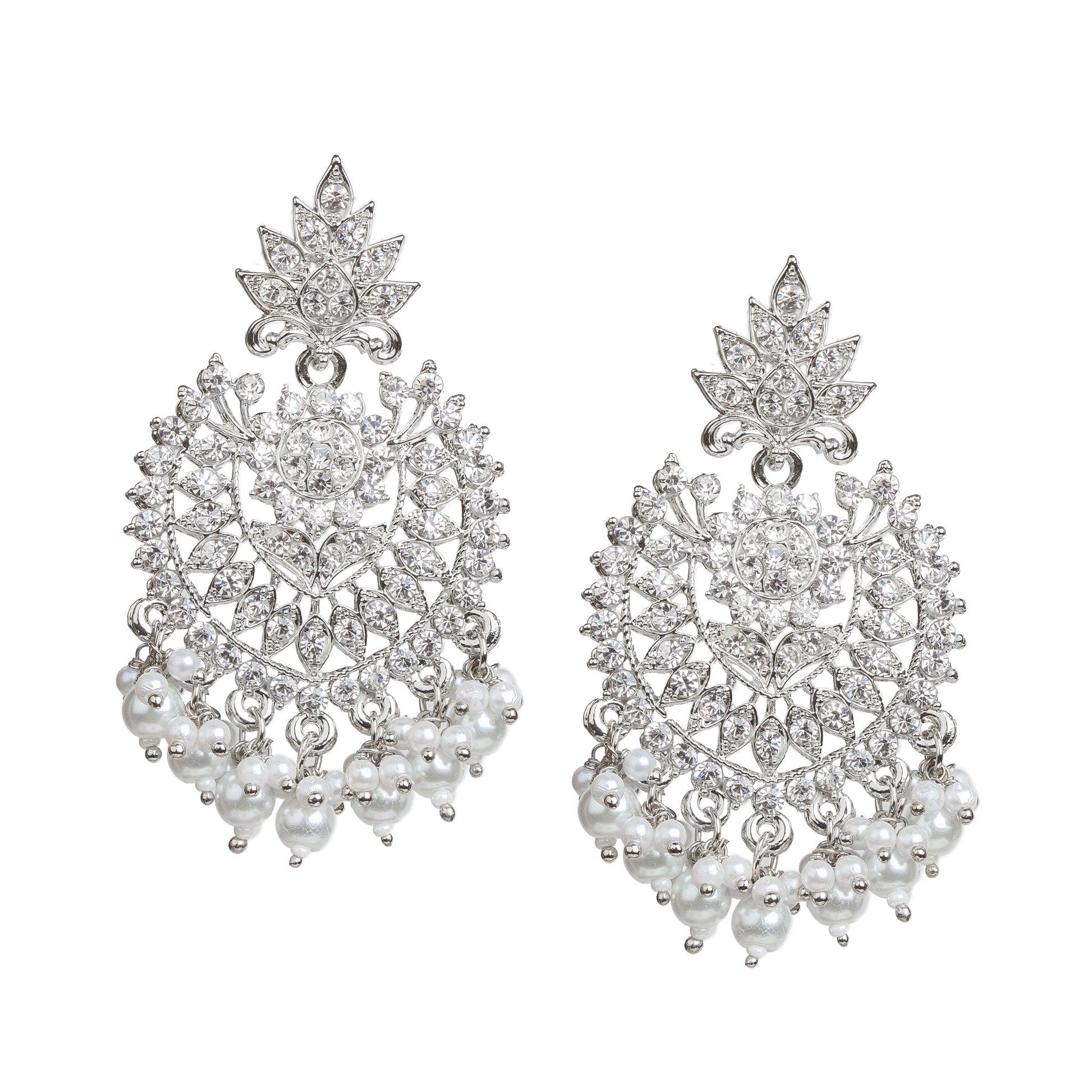 Bindhani silver-plated statement earrings featuring a leaf-shaped stud top with an intricate openwork floral and geometric design embellished with clear stones. The earrings are accented with a central round stone and finished with dangling white pearl bead clusters. Front view displayed on a white