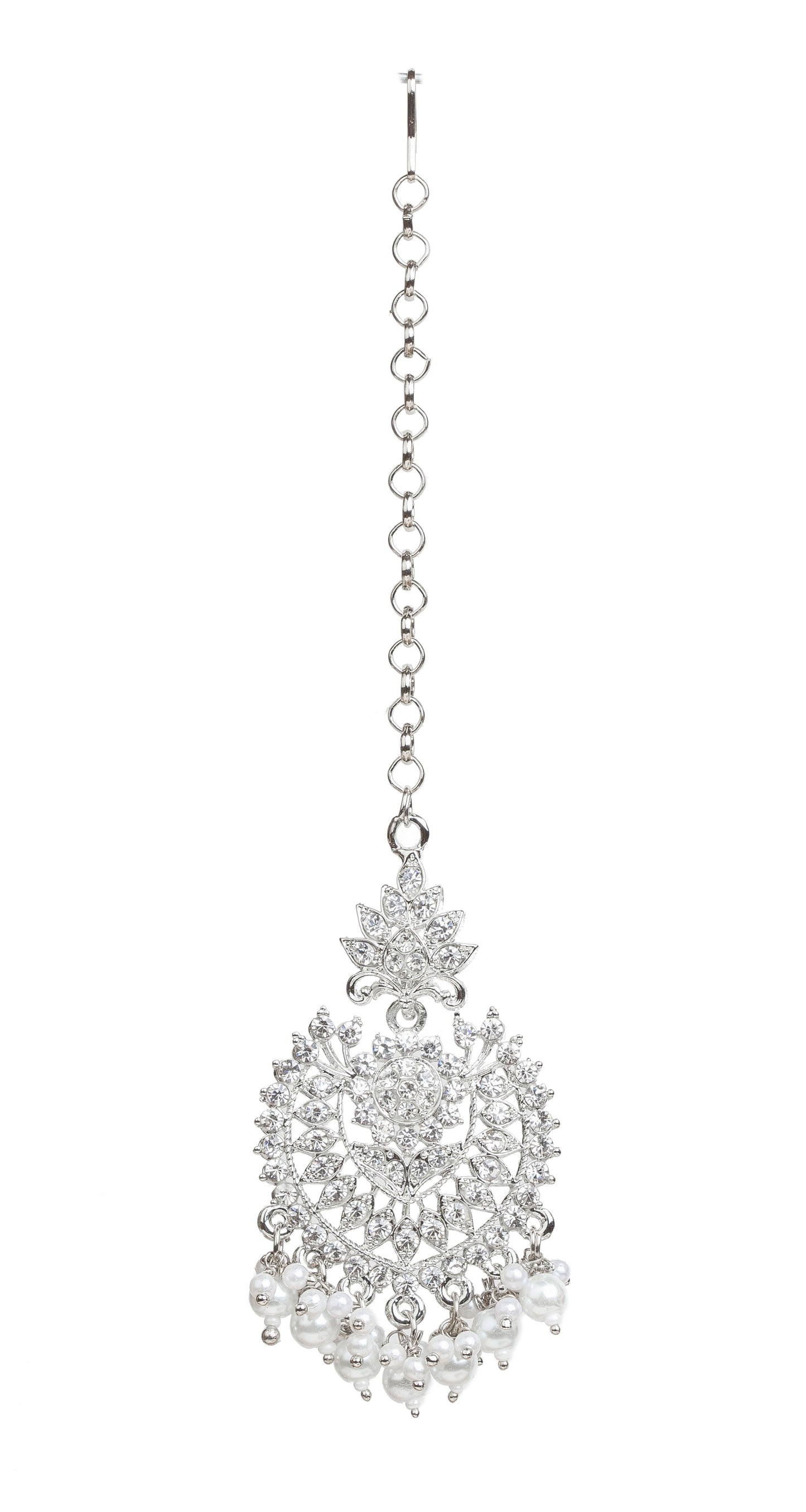 Bindhani silver-plated maang tikka featuring a leaf-shaped top with an intricate openwork floral and geometric design embellished with clear stones. The tikka is accented with a central round stone and finished with dangling white pearl bead clusters. Front view displayed on a white background.