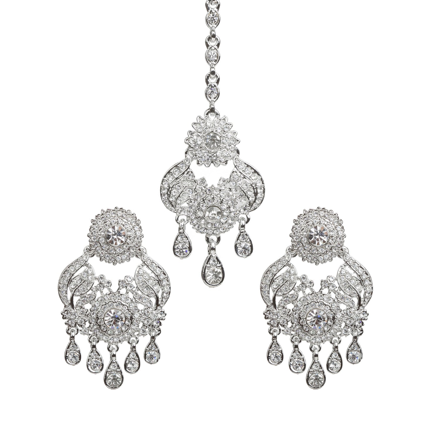 Bindhani silver-plated jewelry set featuring a matching maang tikka and statement earrings. The earrings showcase a circular floral stud top, intricate openwork design embellished with clear stones, a central round stone, curved decorative detailing, and multiple teardrop stone danglers. The coordinating maang tikka features a floral and paisley-inspired design with clear stone detailing and matching teardrop drops. Front view displayed on a white background.