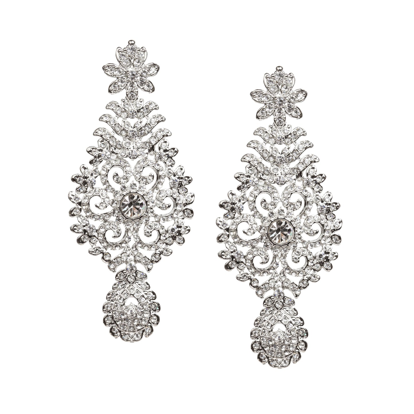 Bindhani silver-toned statement earrings featuring clear stones and sparkling crystal accents. Each earring showcases a floral top, intricate leaf and scrollwork detailing, a central round clear stone, and an elegant teardrop-shaped stone-studded bottom drop. Front view displayed on a white background