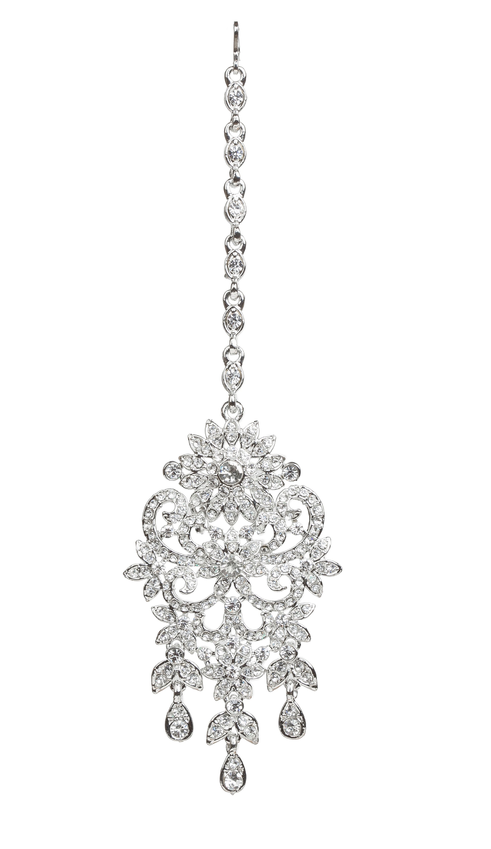 Bindhani silver-toned maang tikka featuring clear stones with sparkling crystal accents. The tikka showcases an intricate floral and leaf-inspired design with detailed openwork scrollwork, a central floral motif, and three dangling teardrop-shaped clear stone drops. Front view displayed on a white background.