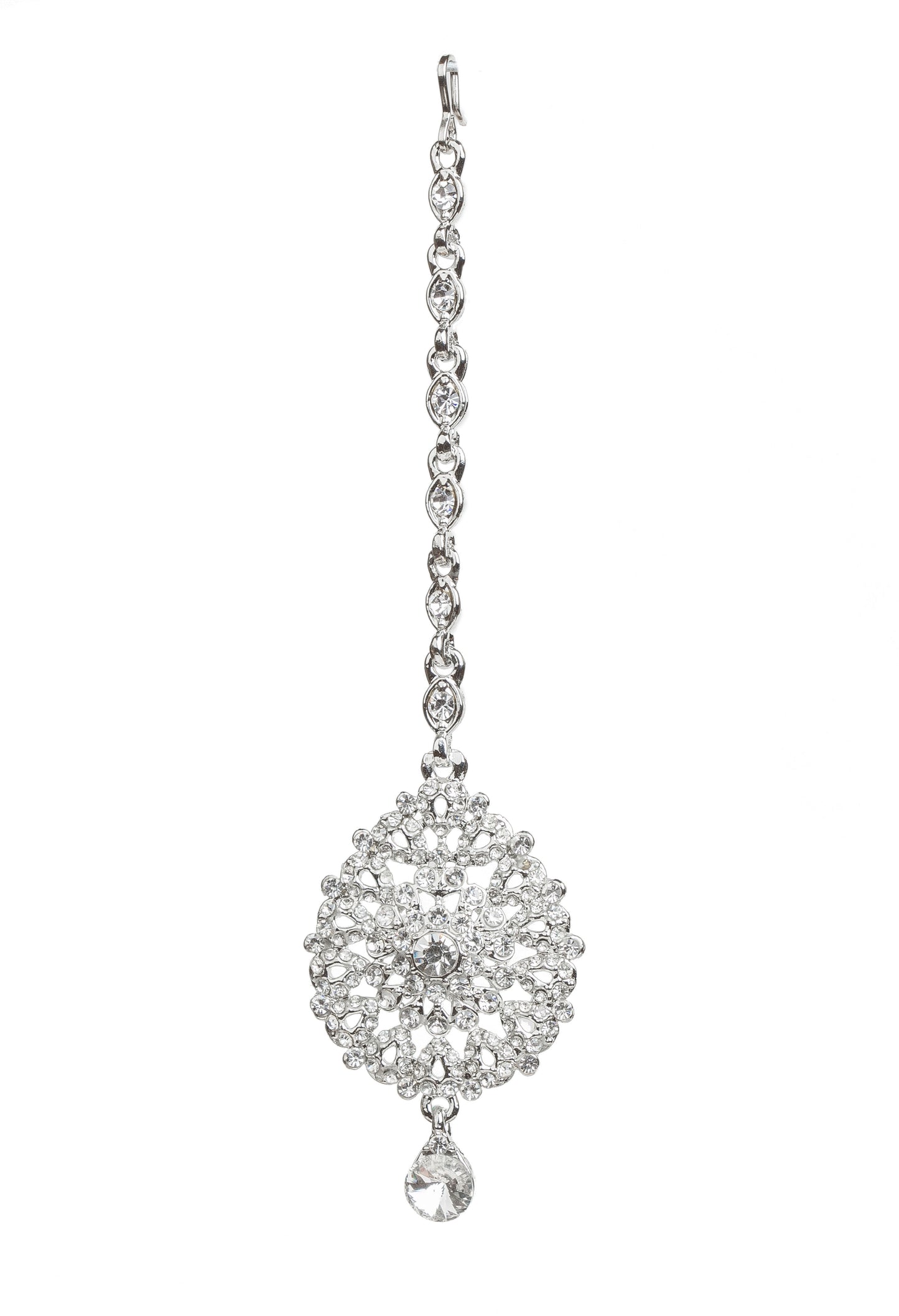 Bindhani silver-toned maang tikka embellished with clear stones and intricate floral detailing. The tikka features a delicate stone-studded chain, a round floral centerpiece with sparkling crystal accents, and one dangling clear teardrop-shaped stone charm. Front view displayed on a white background.