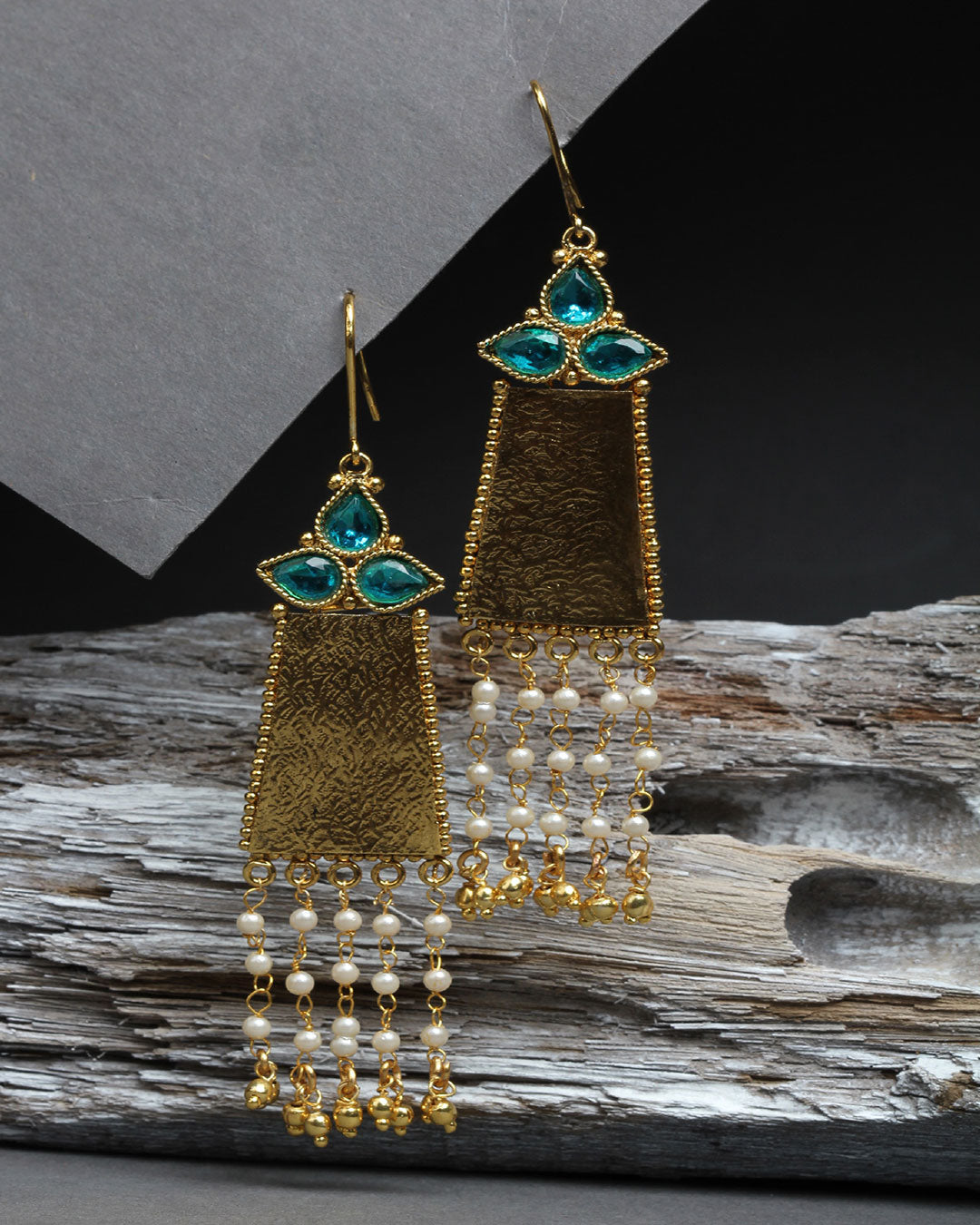 Bindhani gold plated gold white pearl and turquoise stone dangle earrings secured with Fish Hook Earwire for women and girls