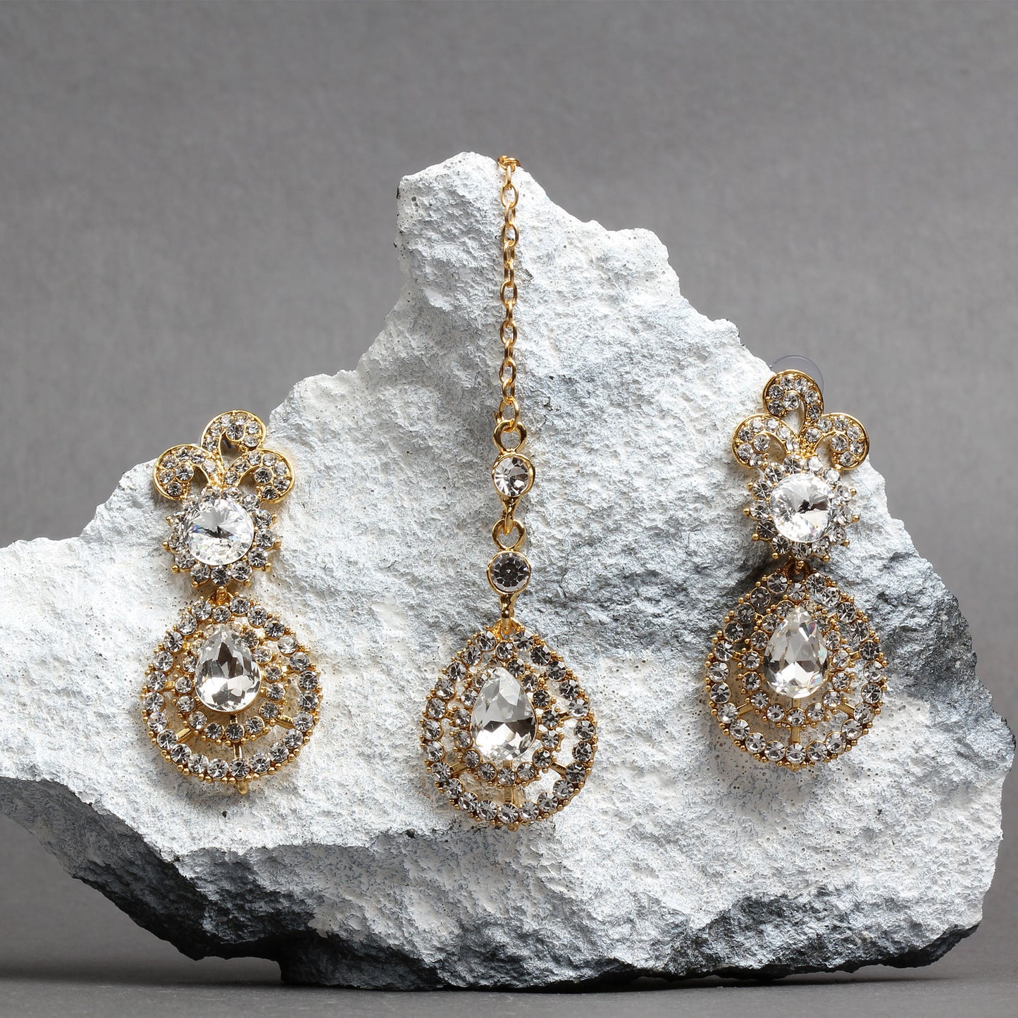 Bindhani Gold Plated Stone Earrings And Tikka Set 