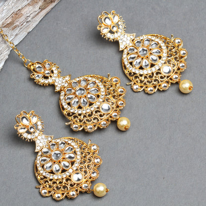 Gold-Plated Earrings- Maang Tikka with Kundan Pearl Drop