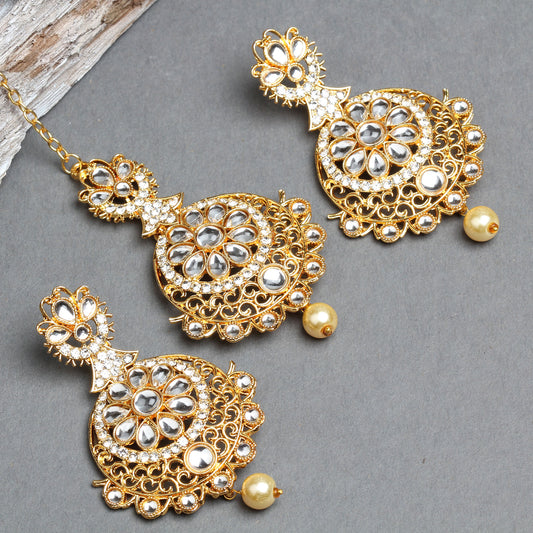 Gold-Plated Earrings- Maang Tikka with Kundan Pearl Drop