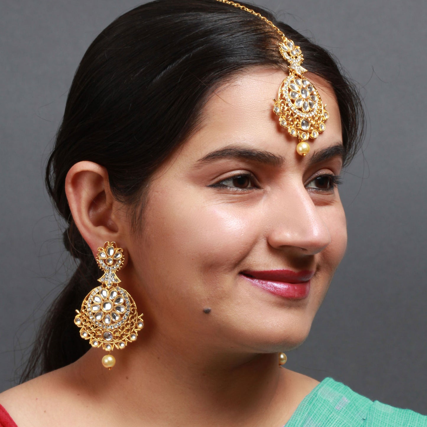 Gold-Plated Earrings- Maang Tikka with Kundan Pearl Drop