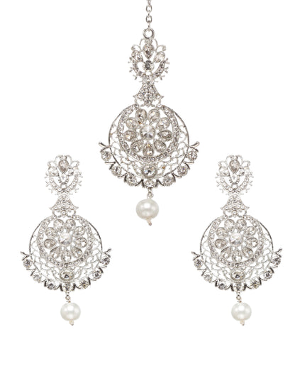 Silver-Plated Kundan Pearl Drop Maang Tikka Earrings