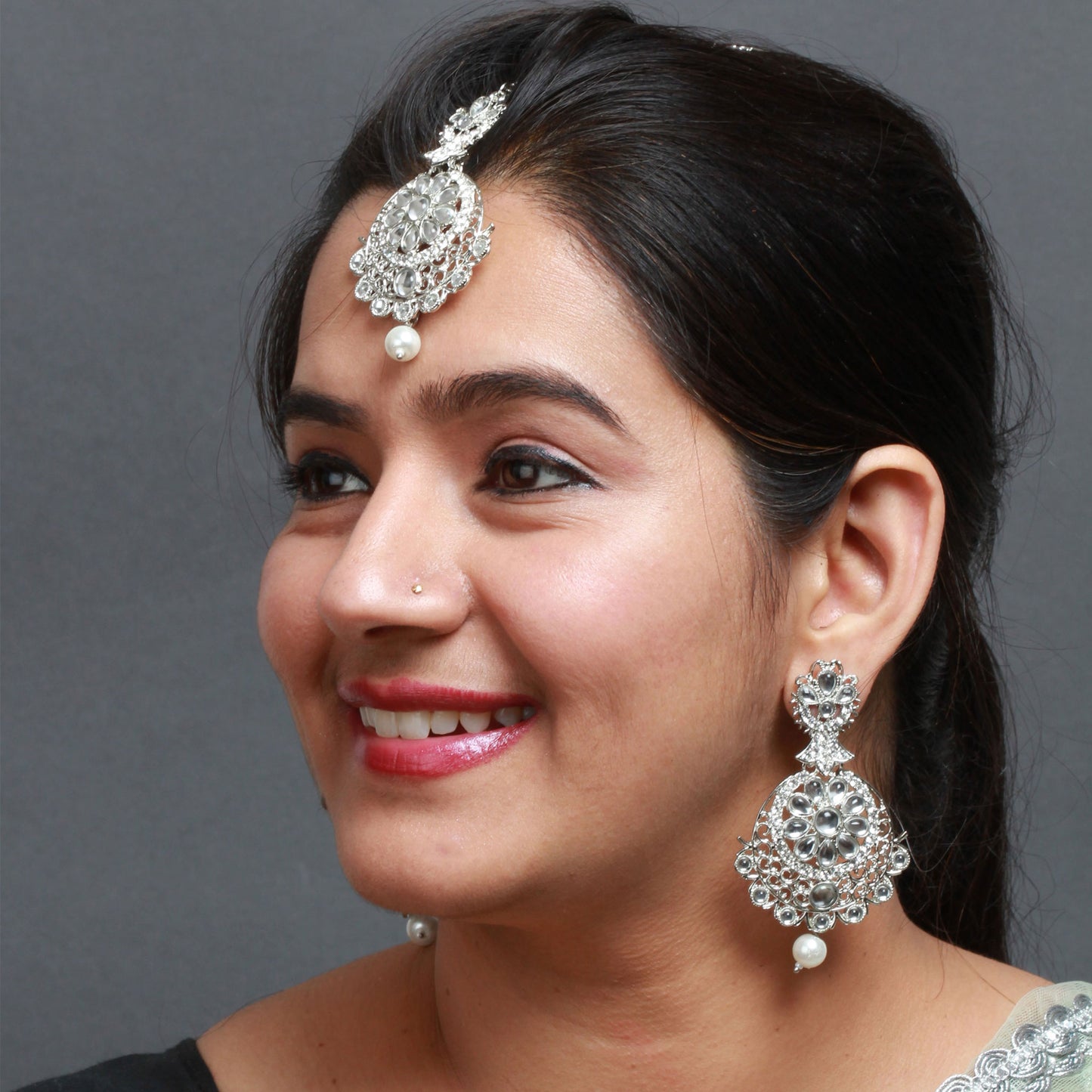 Silver-Plated Kundan Pearl Drop Maang Tikka Earrings