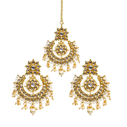 Pearl & Kundan Gold-Plated Maang Tikka and Earrings