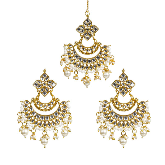 Gold-Plated Chandbali Earrings & Maang Tikka with Kundan Pearls