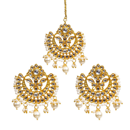 Elegant Kundan Pearl Drop Chandbali Earrings-Maang Tikka