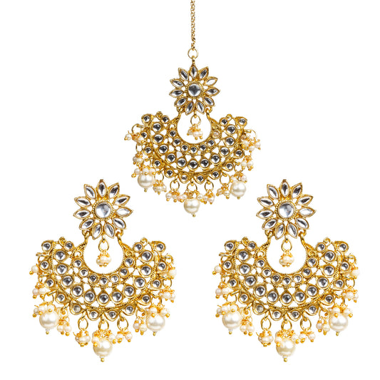 Chandbali Gold-Plated Pearl Drop Maang Tikka Earrings