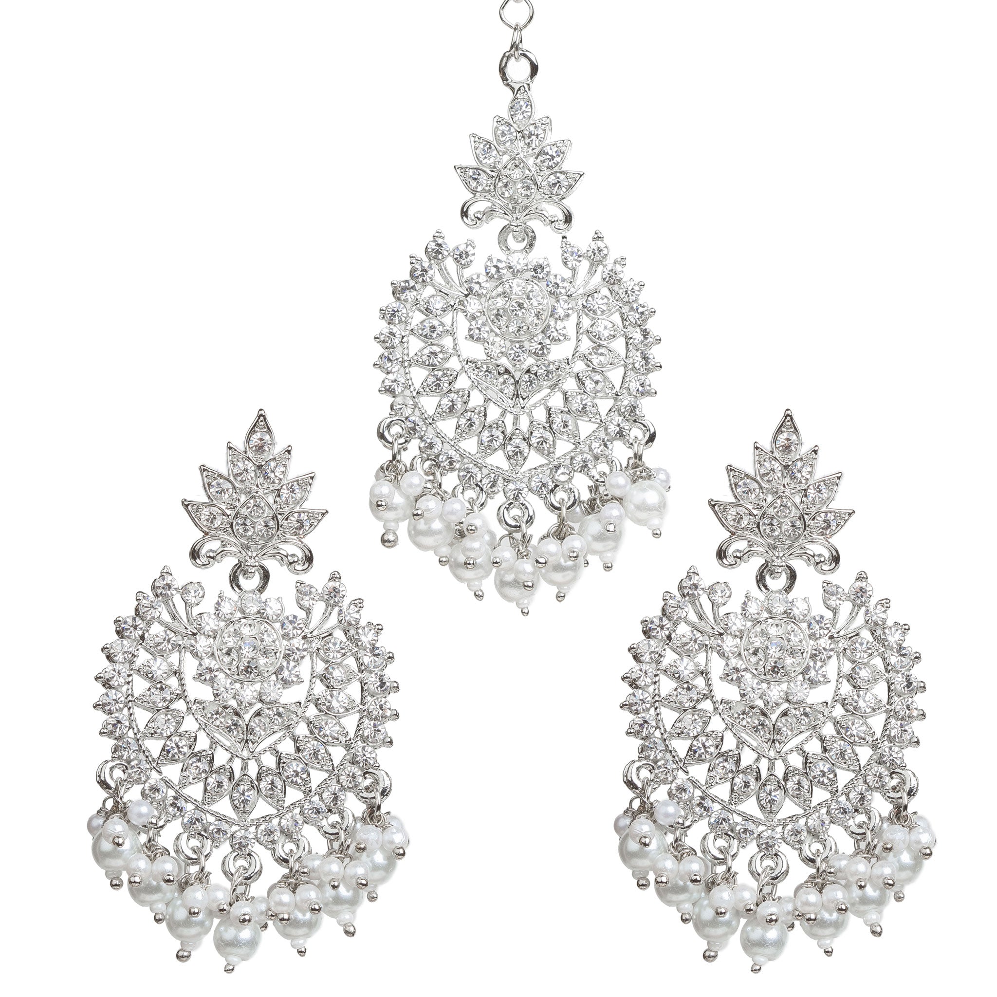 Silver Stone And Pearls Eid Wear Earrings With Maang Tikka Collection  :buywholesalecatalog