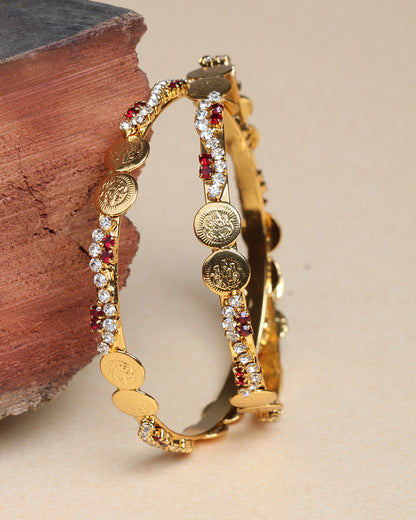 Bindhani gold plated lakshmi bangle maroon white & Stone bangle set for women