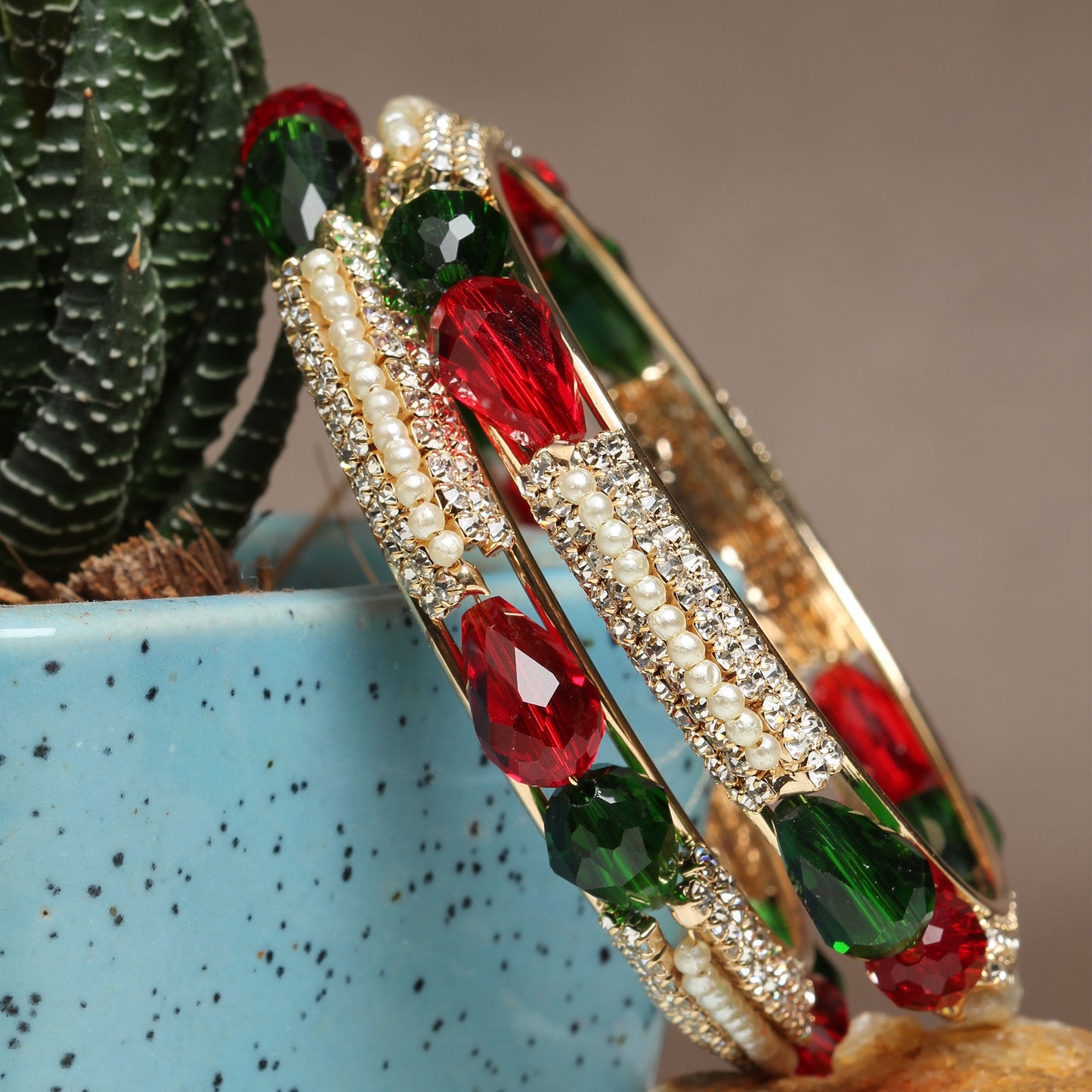 bindhani gold plating maroon green and white stones with pearls crystal bangle sets for women 