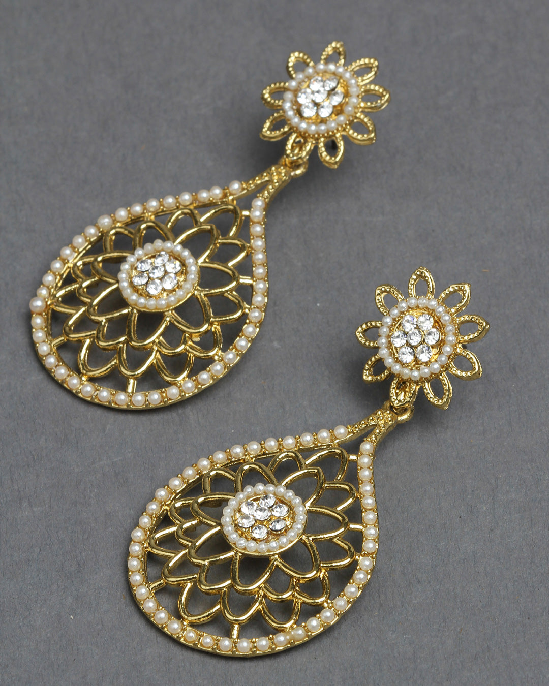 Bindhani gold lated beads & white stone dangle Earrings secured with post back closure for women and girls