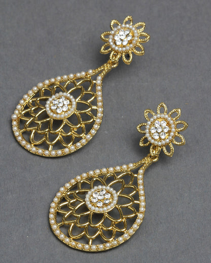 Bindhani gold lated beads & white stone dangle Earrings secured with post back closure for women and girls