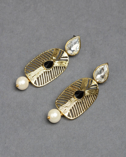 Bindhani gold plated pearl drop & white black stone earrings secured with post back closure for women and girls