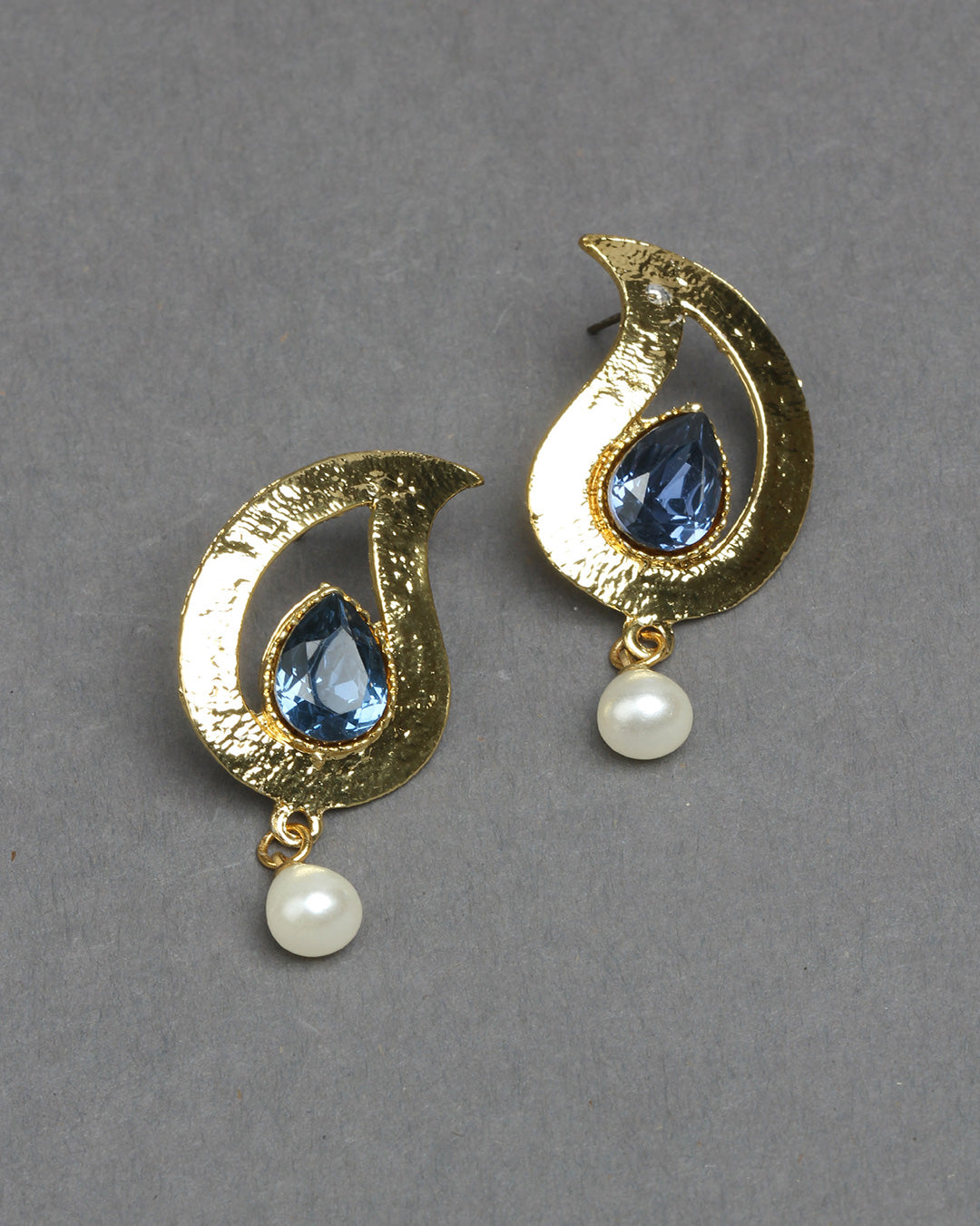 Bindhani gold plated pearl drop & blue stone teardrop earrings secured with post back closure for women and girls